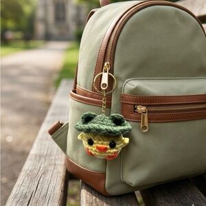 Handmade Crochet Chick with Frog Hat Keychain - Kawaii Amigurumi Bag Charm- Gift